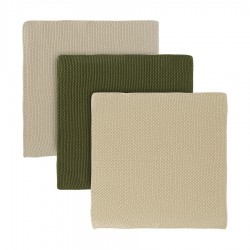 Набор из трех вязаных салфеток для уборки и мытья посуды бежевого и оливкового цветов из коллекции essential, 28х28 см
