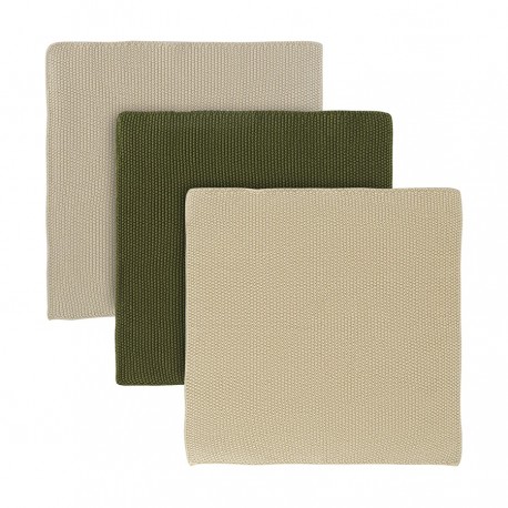 Набор из трех вязаных салфеток для уборки и мытья посуды бежевого и оливкового цветов из коллекции essential, 28х28 см