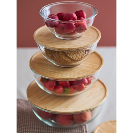 Набор из 4-х стеклянных мисок eco store с крышками из бамбука